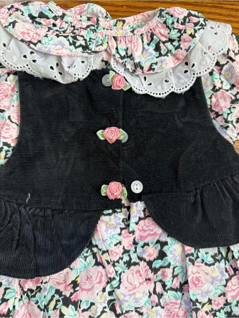 Vintage Tiny Tots Original Floral Romper Corduroy Vest Overlay 100% Cotton 12m